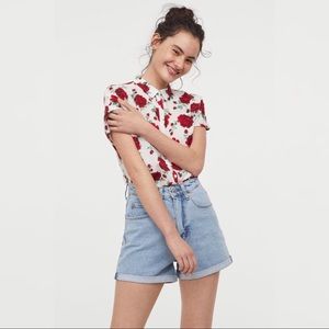 White Short Sleeve Shirt w/ Red Roses